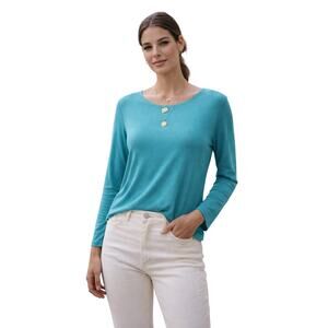 Eileen Fisher Material World Turquoise Long Sleeve Top Petite Small NWT